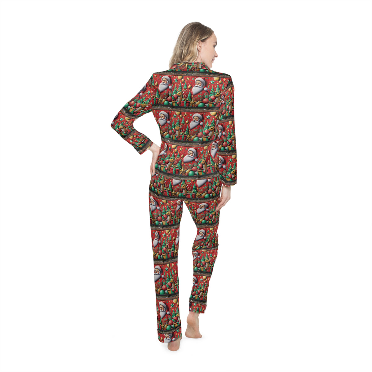 Festive Women's Satin Pajamas with Santa Design - Cozy Holiday Sleepwear