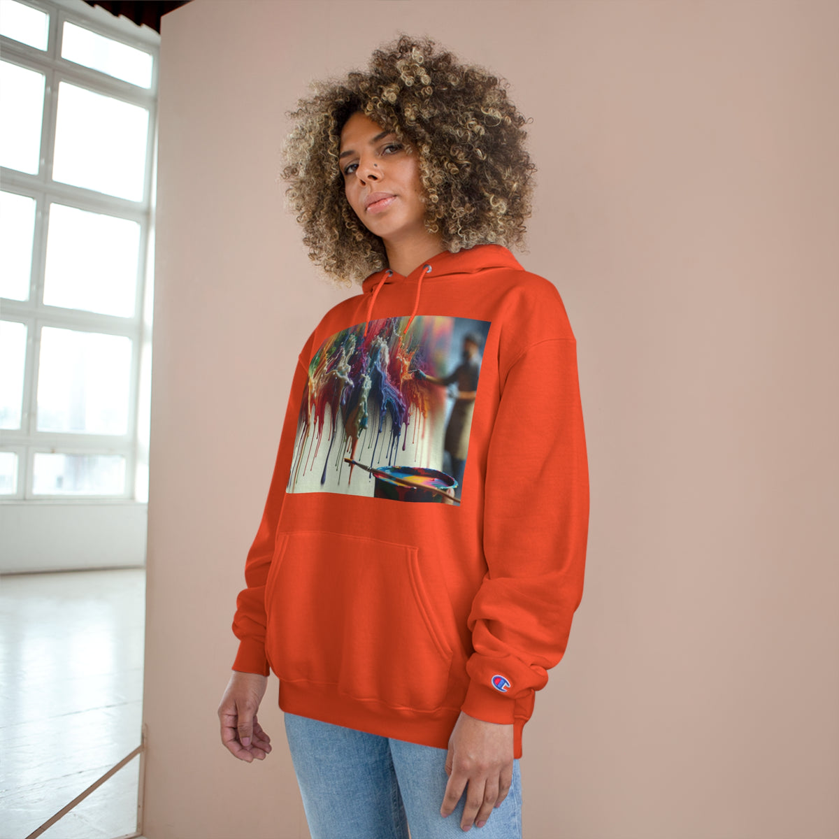 Artistic Champion Hoodie with Colorful Drip Design