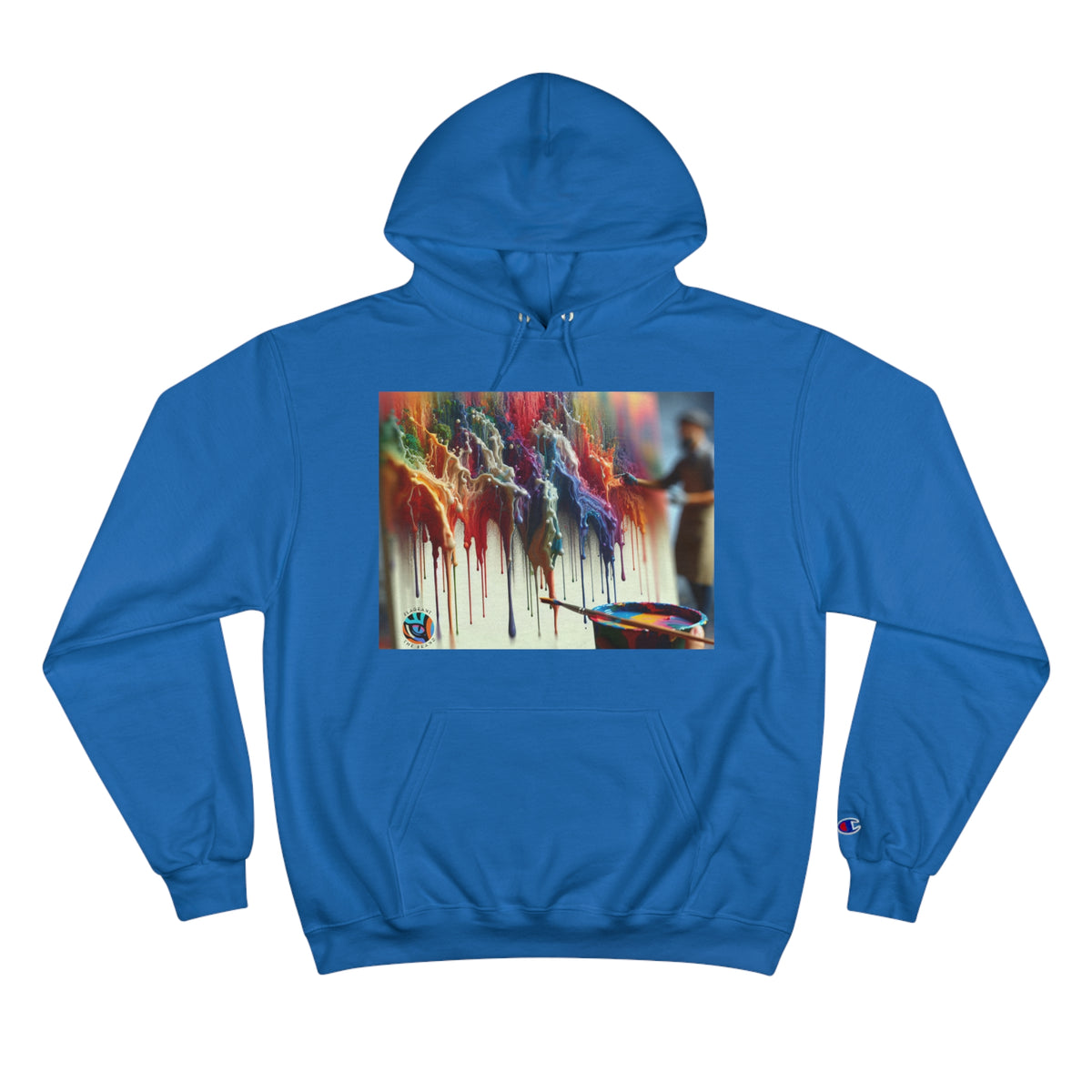 Artistic Champion Hoodie with Colorful Drip Design