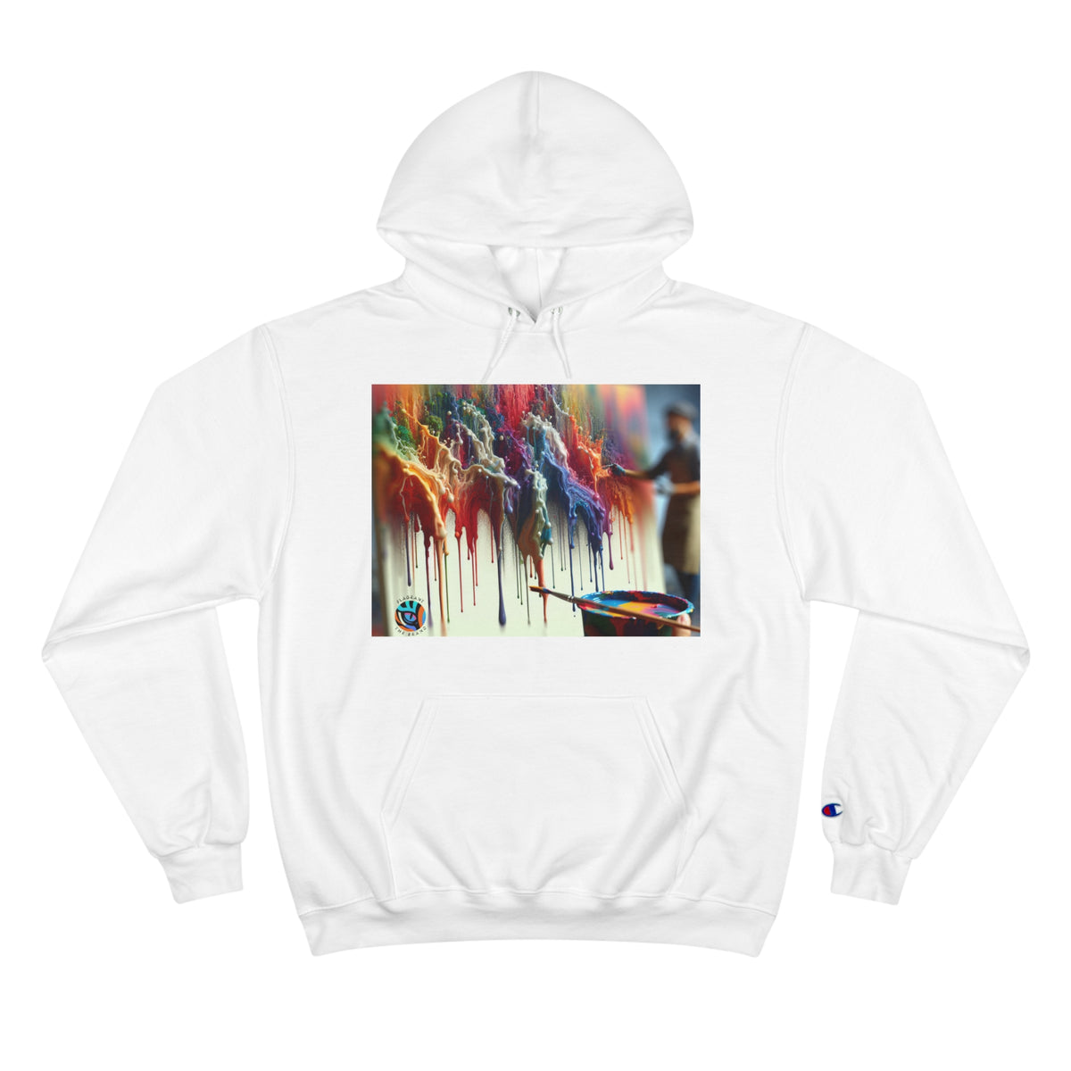 Artistic Champion Hoodie with Colorful Drip Design