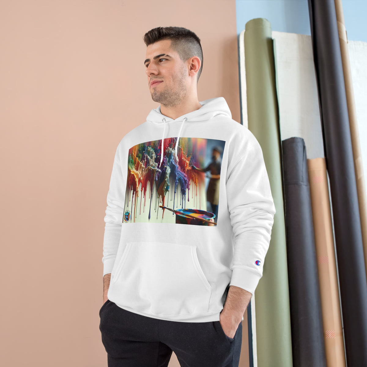 Artistic Champion Hoodie with Colorful Drip Design