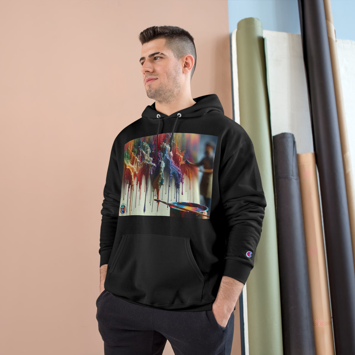 Artistic Champion Hoodie with Colorful Drip Design