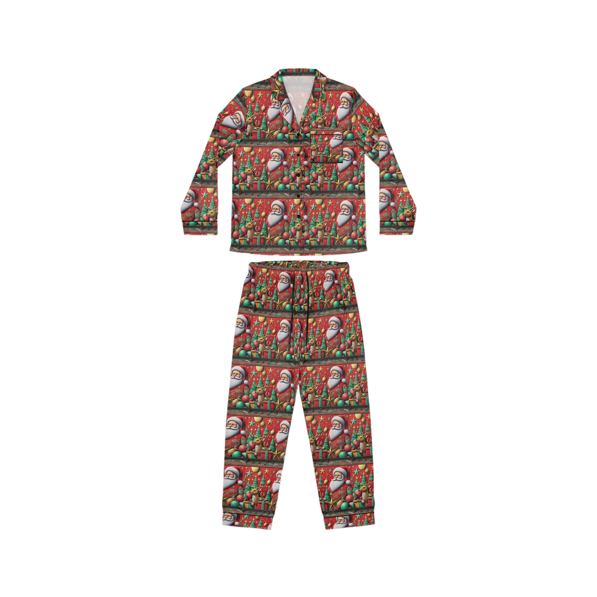 Festive Women's Satin Pajamas with Santa Design - Cozy Holiday Sleepwear