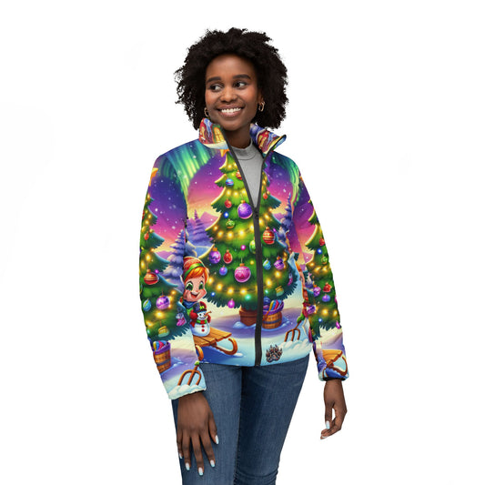 Festive Women's Puffer Jacket with Holiday Forest Design