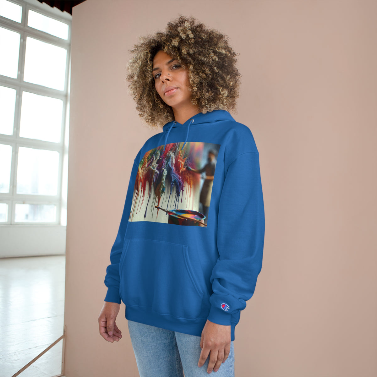 Artistic Champion Hoodie with Colorful Drip Design