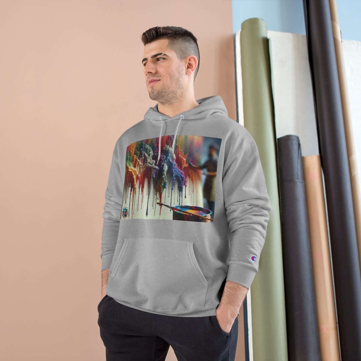 Artistic Champion Hoodie with Colorful Drip Design