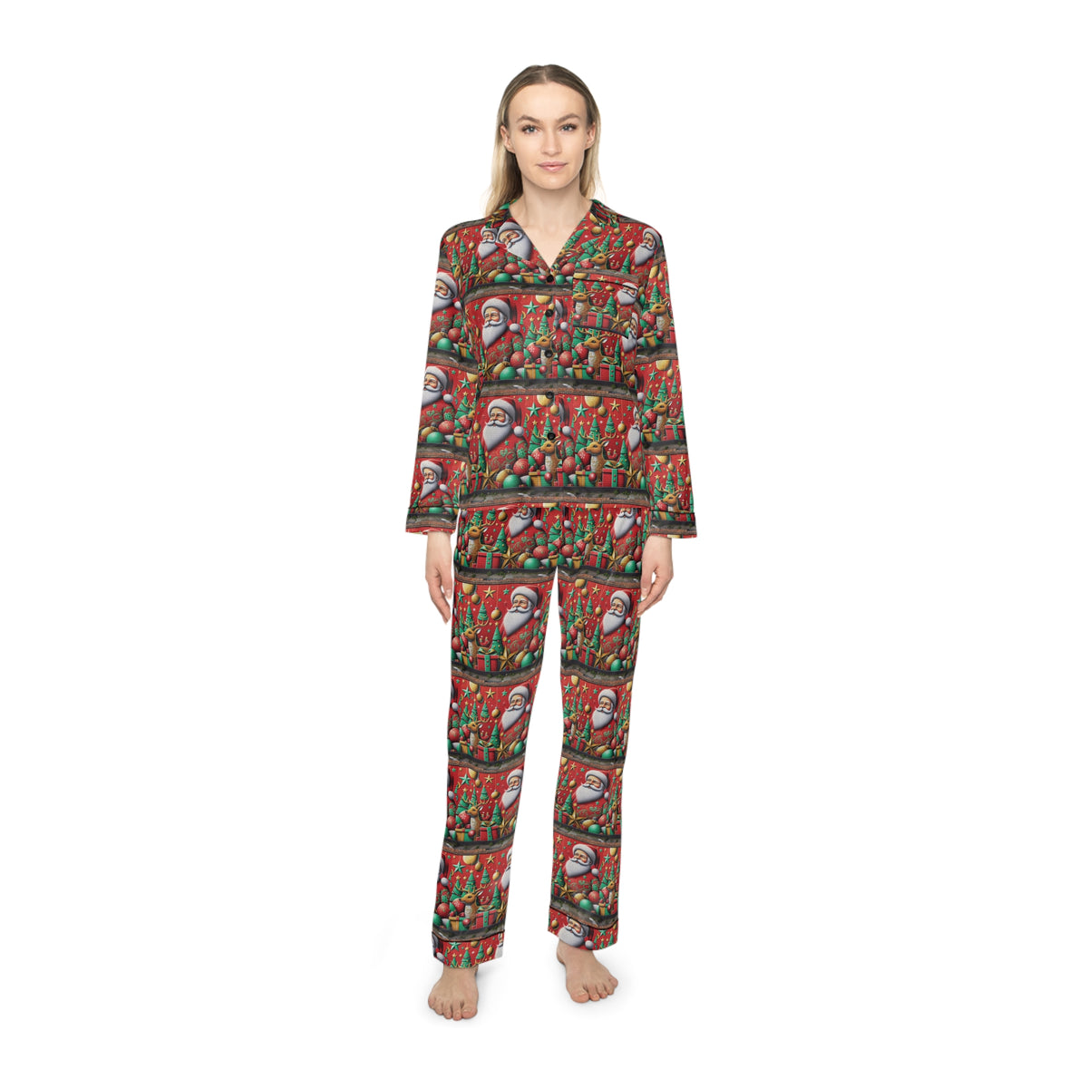 Festive Women's Satin Pajamas with Santa Design - Cozy Holiday Sleepwear