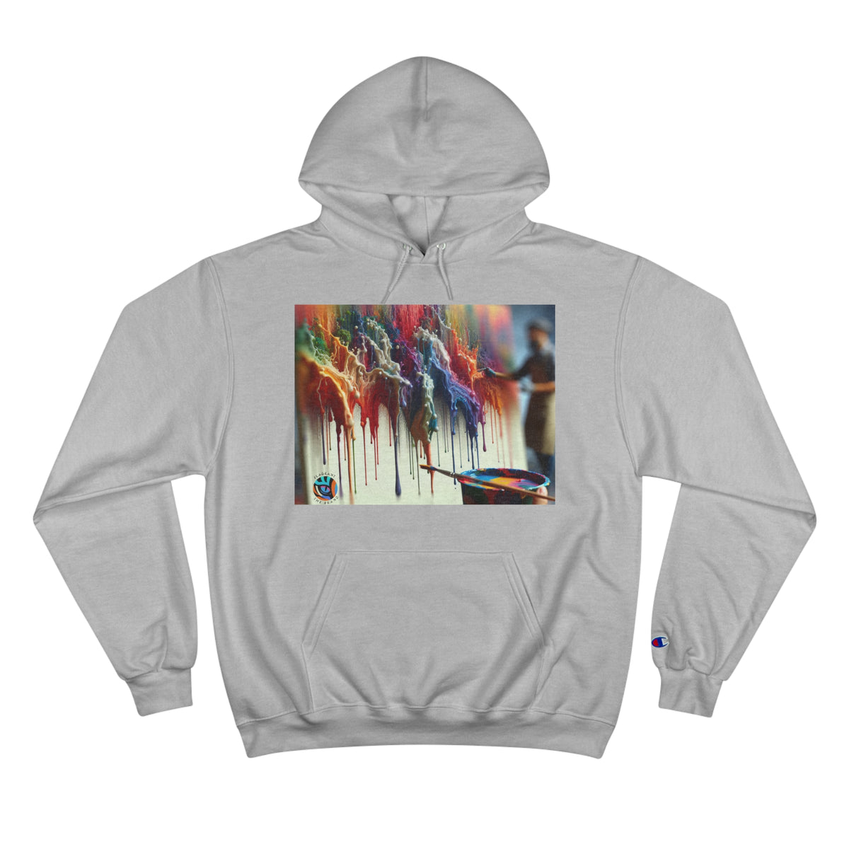 Artistic Champion Hoodie with Colorful Drip Design