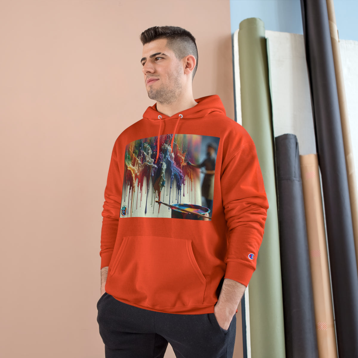 Artistic Champion Hoodie with Colorful Drip Design