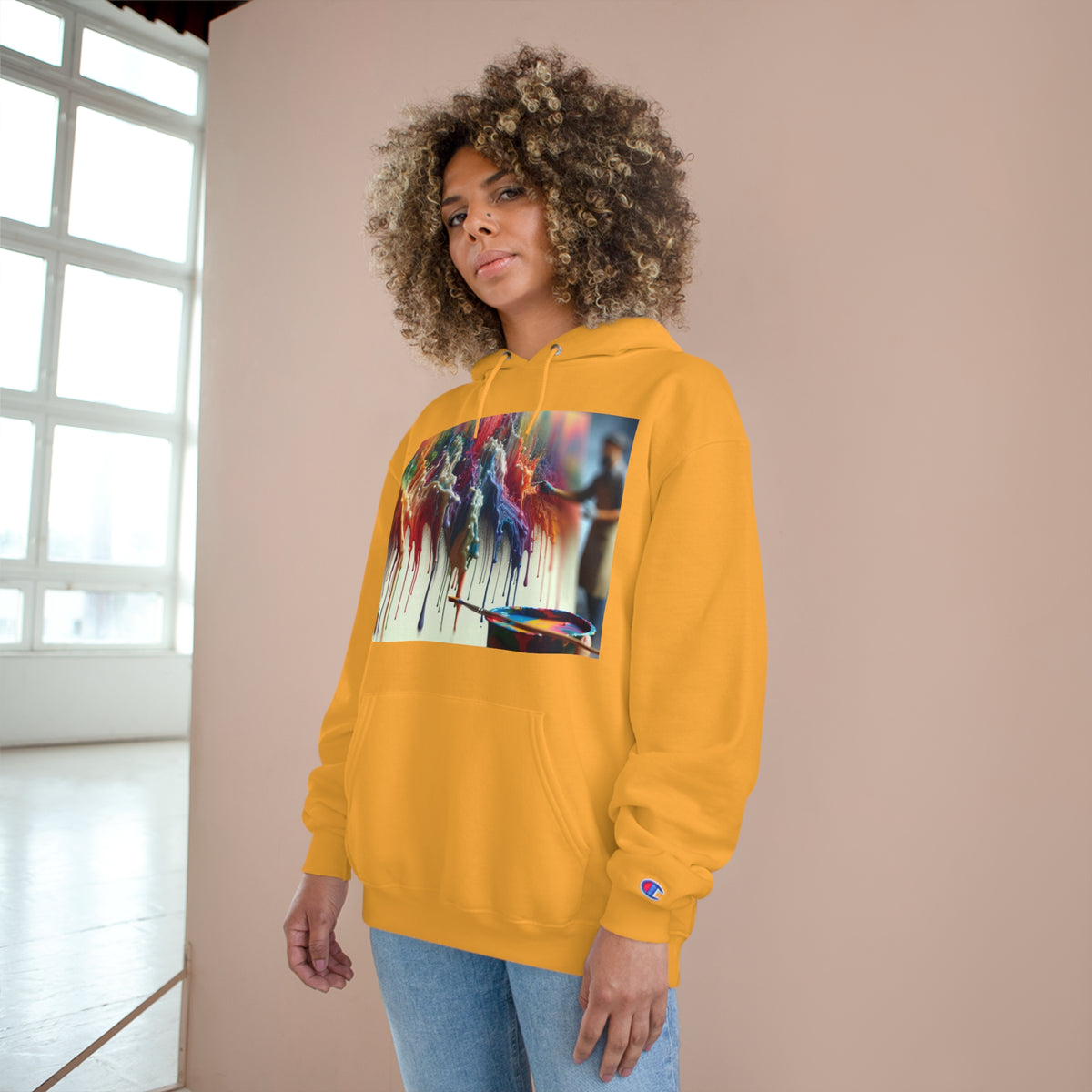 Artistic Champion Hoodie with Colorful Drip Design